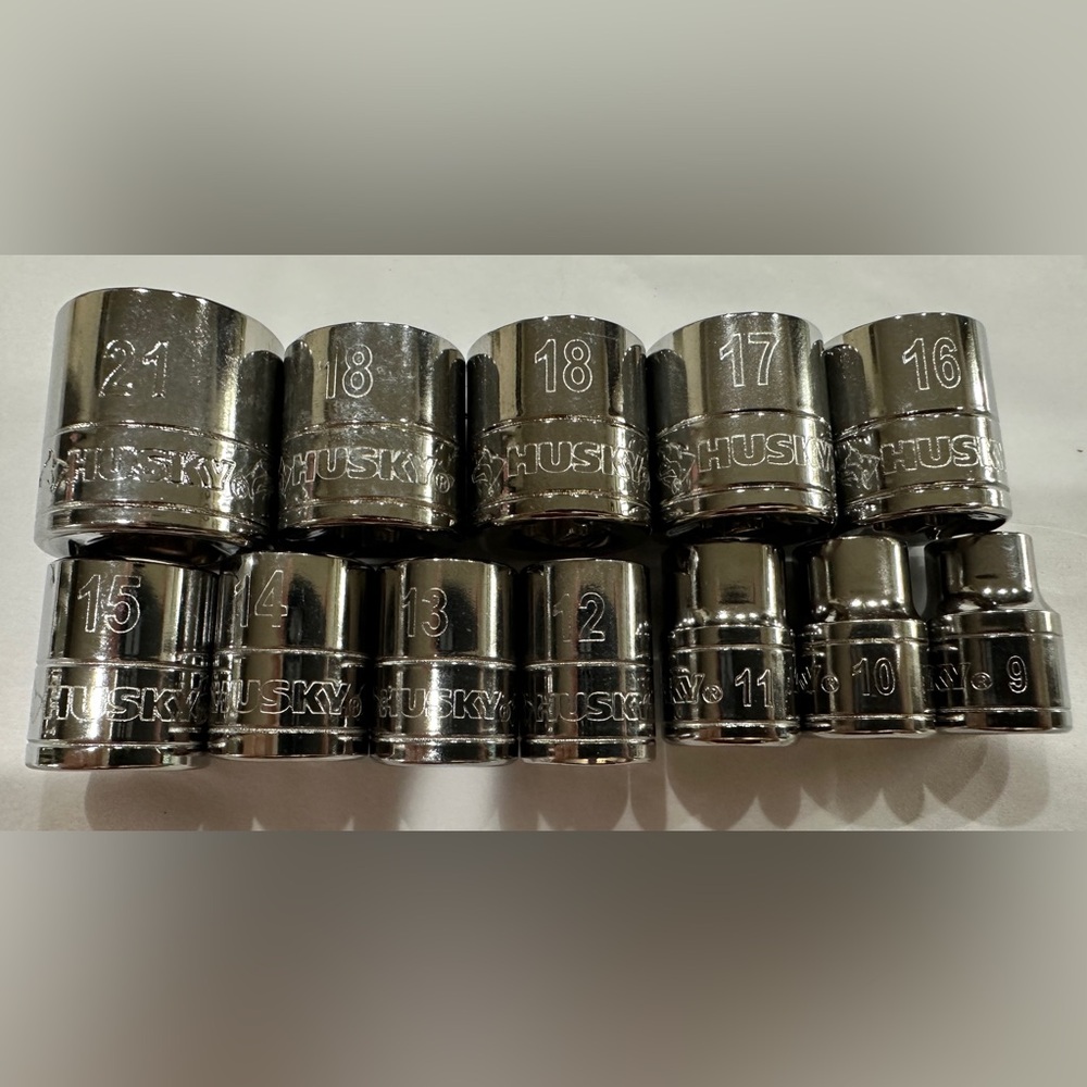 Husky brand 3/8” drive metric shallow 12 point sockets new never used.
